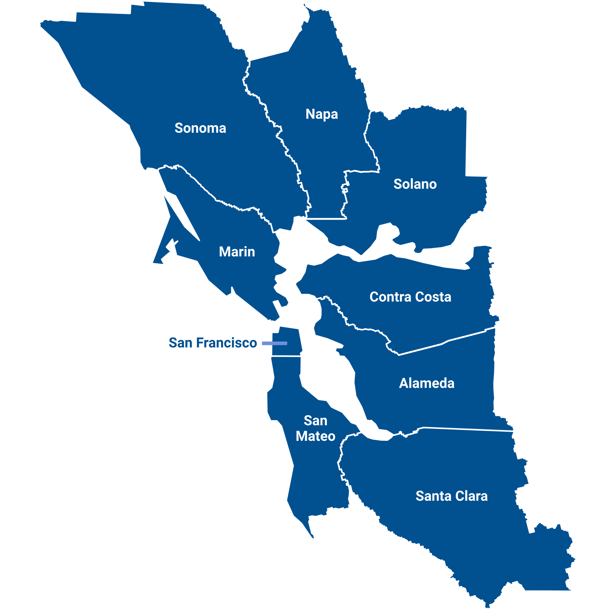 Service area map of the San Francisco Bay Area counties served by EZ Junk Hauling