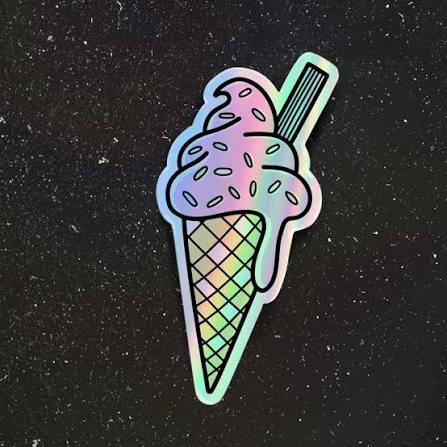 A custom die-cut holographic sticker depicting a soft-serve ice cream cone with sprinkles against a dark glitter background.