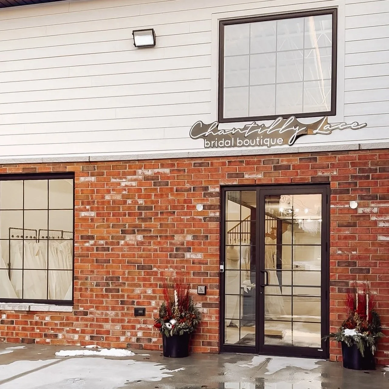 Chantilly Lace bridal boutique interior — main salon with curated wedding gown collection in Amherstburg, Ontario