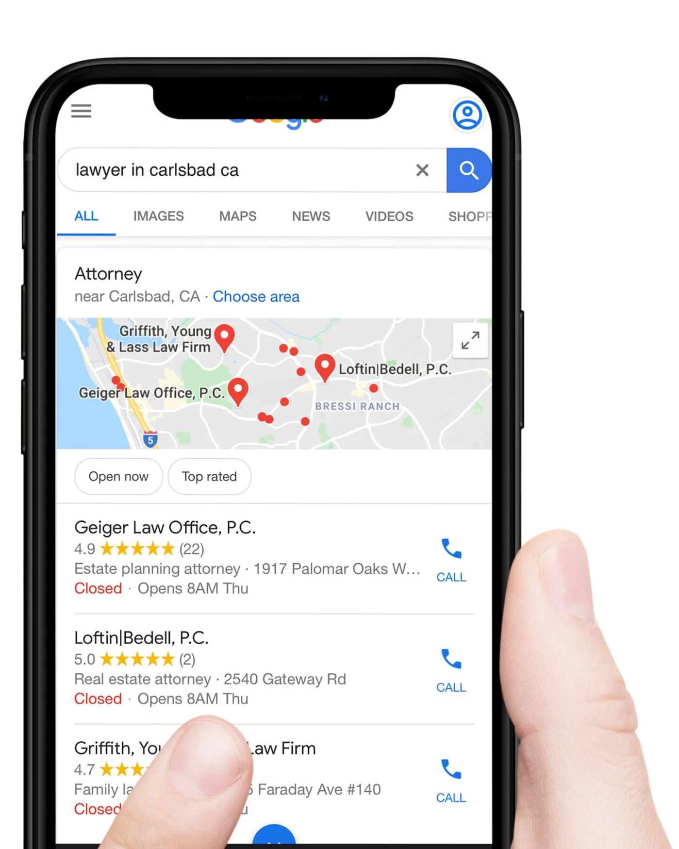 Smartphone screen showing Google search results for lawyers, with map and list of law firms, promoting local SEO in La Quinta, CA