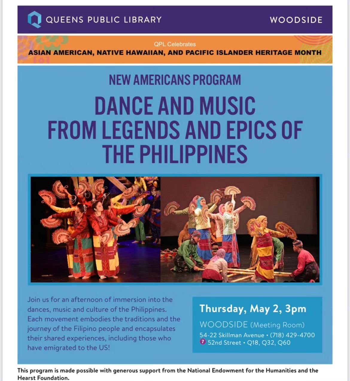 Kicking off AANHPI (Asian American, Native Hawaiian, and Pacific Islander) Heritage Month by performing today 3pm at Queens Public Library (WOODSIDE)! If you've ever been curious about learning more about the indigenous cultures of the Philippines, t