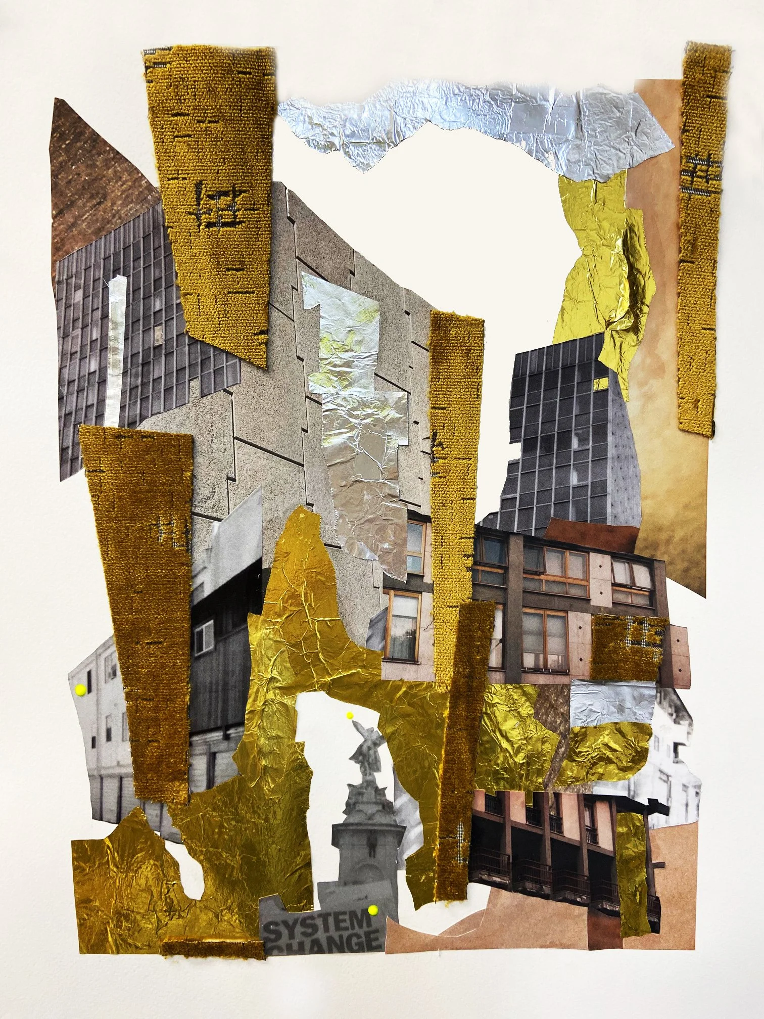 System Change collage on Arches 120 GSM with foil fabric acrylic and magazine by Julie Eisenberg Pitman