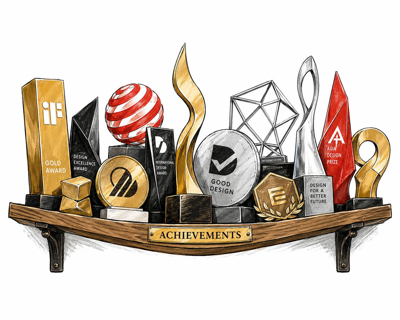 Collection of design award trophies on a shelf — illustration for Michał Bonikowski's article on his experience as a juror in international design competitions