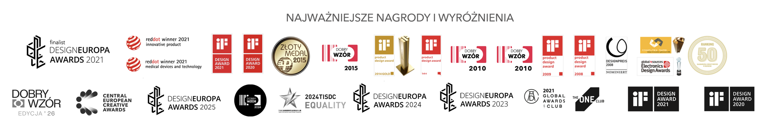 Collection of various awards and recognitions related to design, including plaques, medals, trophies, and badges from multiple years and organizations - Awards and Distinctions of Michał Bonikowski