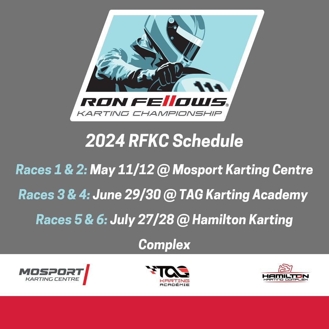 The 2024 RFKC schedule is set. We appreciate the support and patience of our community as we finalized this schedule for the upcoming season! Looking forward to being back at @mosportkarting @academietagkarting @canadianminiindy this year! #kartingca