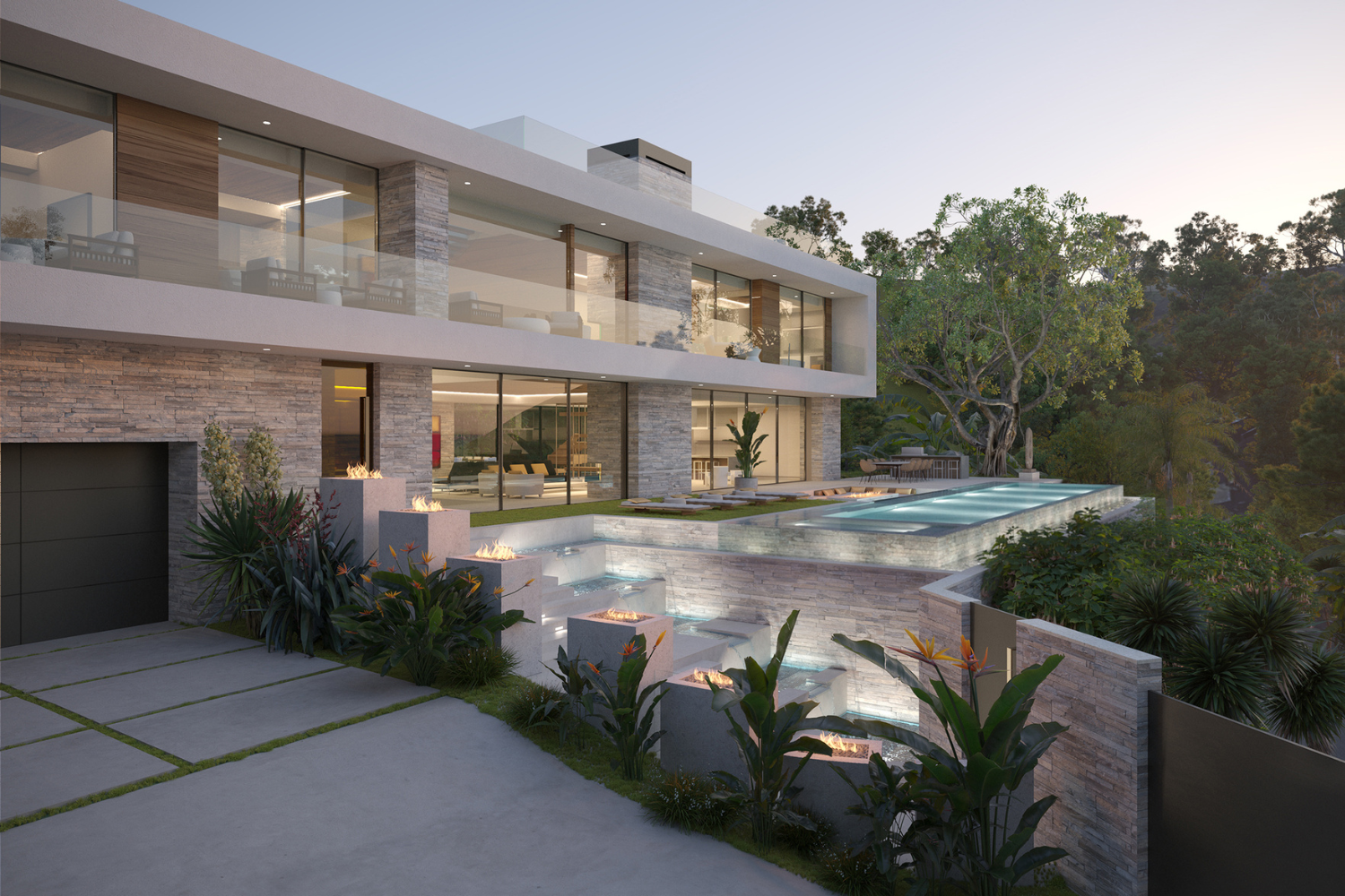 Rising Glen luxury Hollywood Hills home with modern architectural design, balcony terraces, and resort style pool