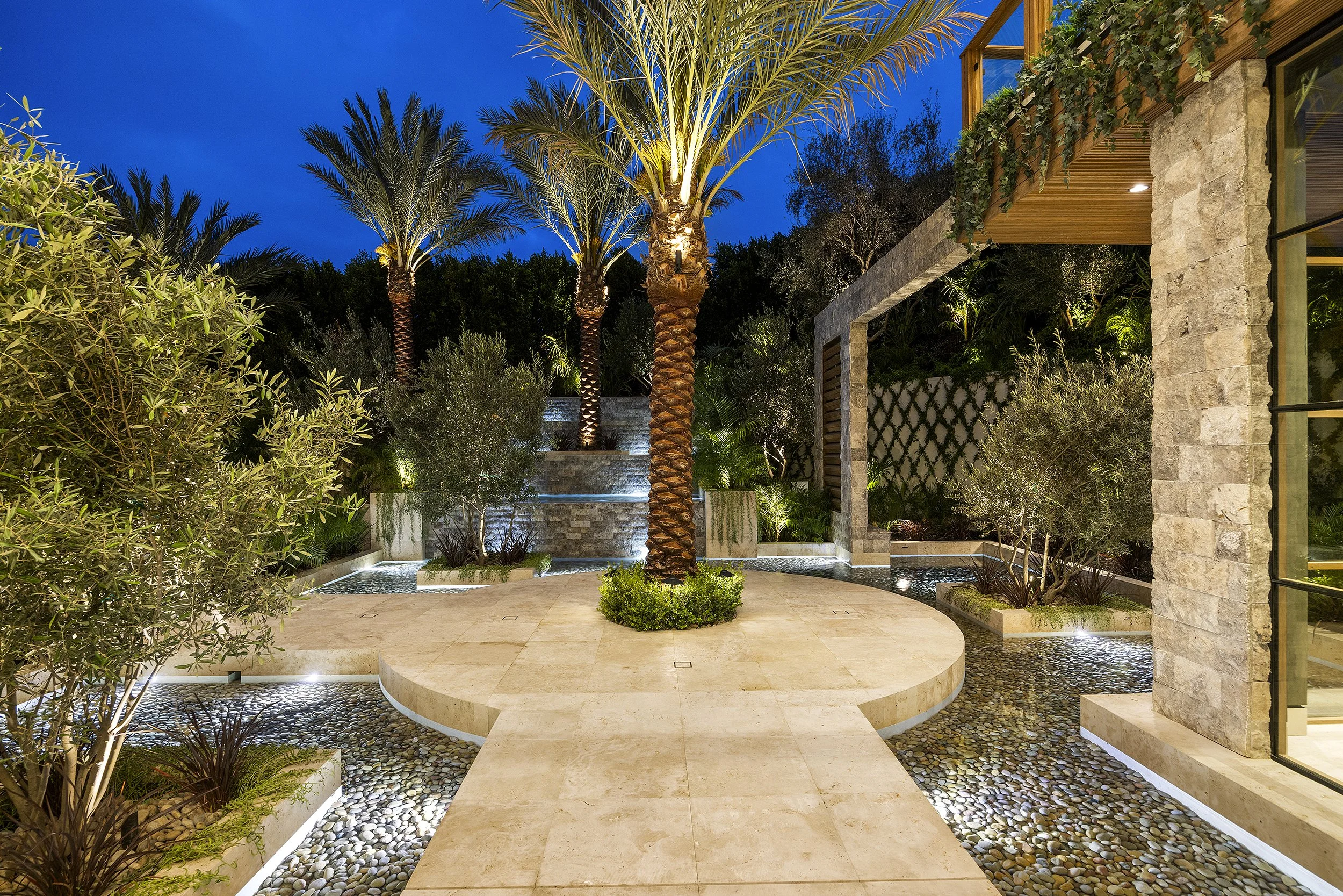 Laurel House Beverly Hills luxury modern home custom courtyard at night