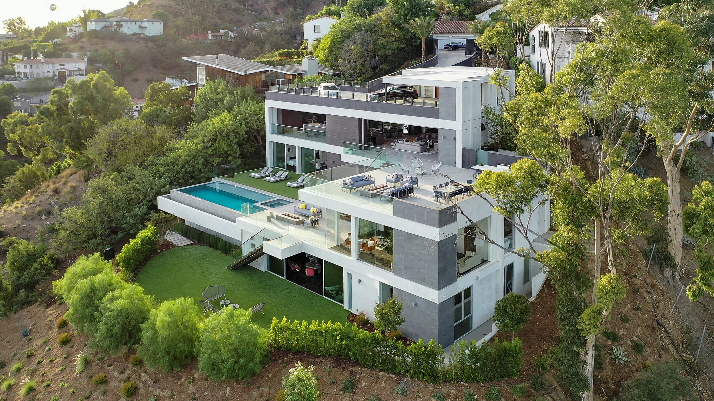 Los Tilos terraced Hollywood Hills modern home sitting far out on the hillside