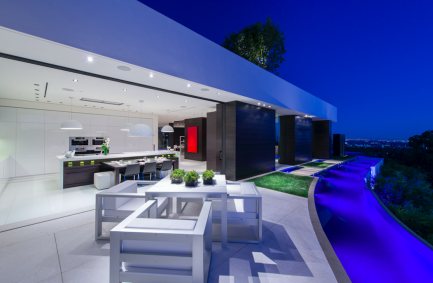 Laurel Way Beverly Hills outdoor poolside dining terrace steps from the indoor outdoor modern kitchen 