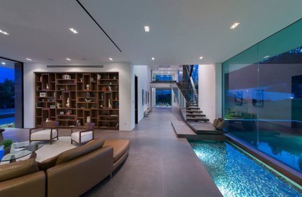 Benedict Canyon Beverly Hills luxury modern home living room with indoor pond