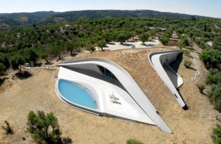 Modern luxury space age earthen house in Greece