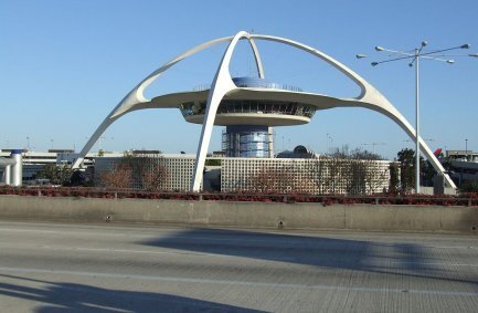 Iconic spaceship-like LAX Theme Building co-designed by modern architect Gin D. Wong