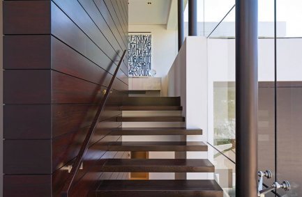 Laurel Way Beverly Hills luxury modern home warm wood floating stairs