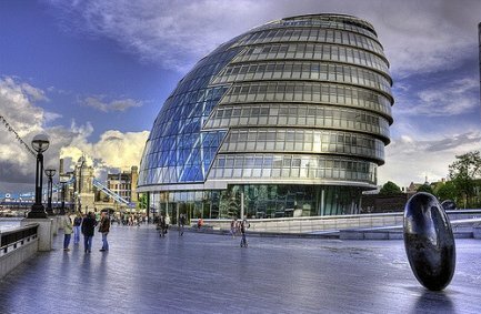 London City Hall, a sloping egg-shaped modern building designed by architect Sir Norman Foster