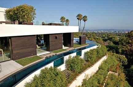 Laurel Way Beverly Hills luxury modern mansion with wraparound moat pool and hilltop views
