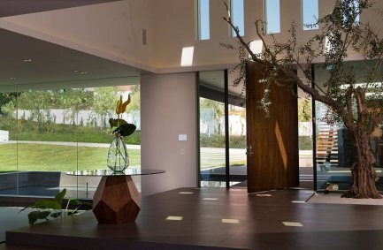 Benedict Canyon Beverly Hills modern luxury home front door and foyer with indoor living tree, ribbon windows and glass walls