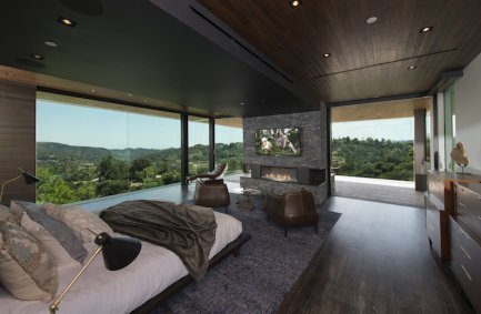 Benedict Canyon Beverly Hills luxury home modern glass wall bedroom