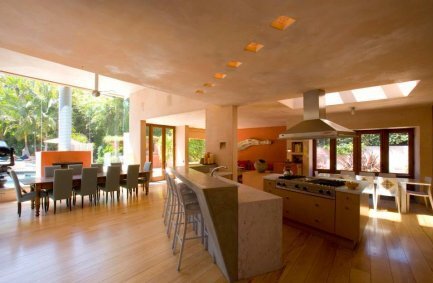 Modern, bright, open plan kitchen at Mandeville Canyon, Los Angeles home