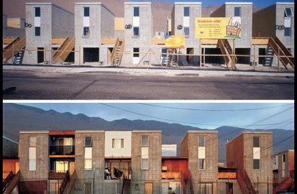 Low cost modern urban social housing designed by architect and Pritzker Prize Laureate Alejandro Aravena