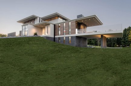 Exterior view of our Walker Road house in Great Falls, Virginia, featuring a modern design full of windows and glass walls