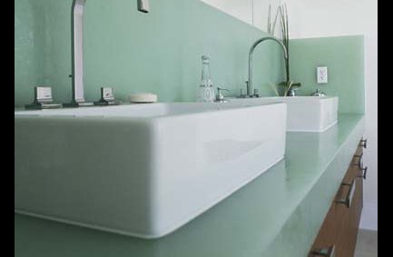 Bio-Glass by Coverings etc, composed of 100% post-consumer recycled glass, can be used for countertops, walls, or floors