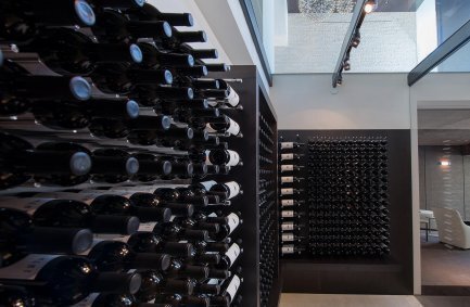 Laurel Way Beverly Hills luxury modern mansion wine cellar with glass roof and natural light