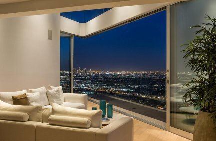 Grand View Drive Hollywood Hills modern home living room with penthouse style Los Angeles views