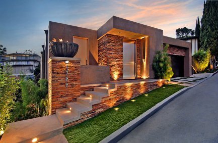 Modern stacked slate exterior of our 9288 Sierra Mar drive house in the Hollywood Hills