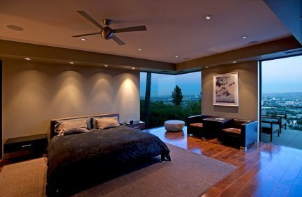 Our Cordell Drive Hollywood Hills home bedroom design with glass wall city views