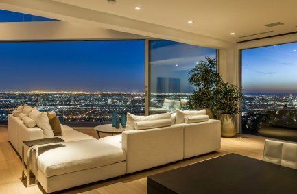 Grand View Drive Hollywood Hills modern home living room interior with stunning city views