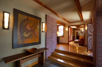 Artwork display in the warm, modern modern interior of our Prairie School Style Buckskin Drive house 