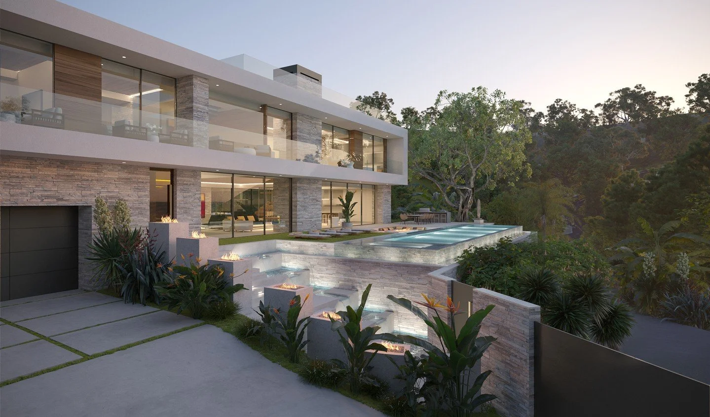 Rising Glen in the Hollywood Hills, a luxury modern home with front yard pool and fire features.