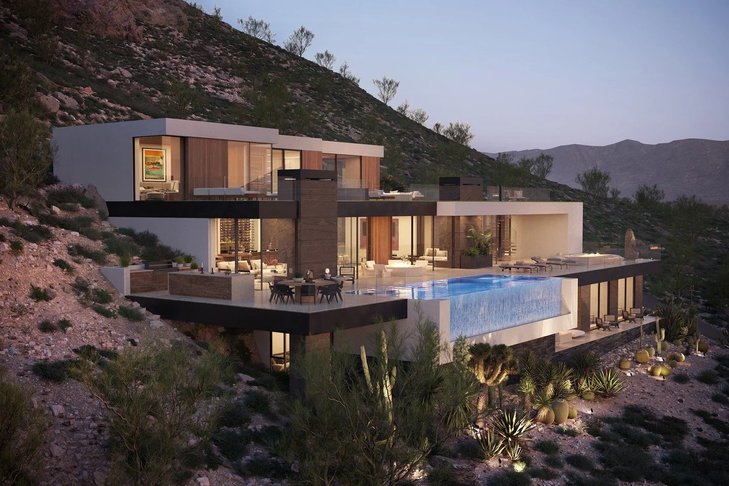 Royal Palm, a modern desert home nestled into the hillsides of Paradise Valley, Arizona, featuring luxury outdoor pool terrace and views.