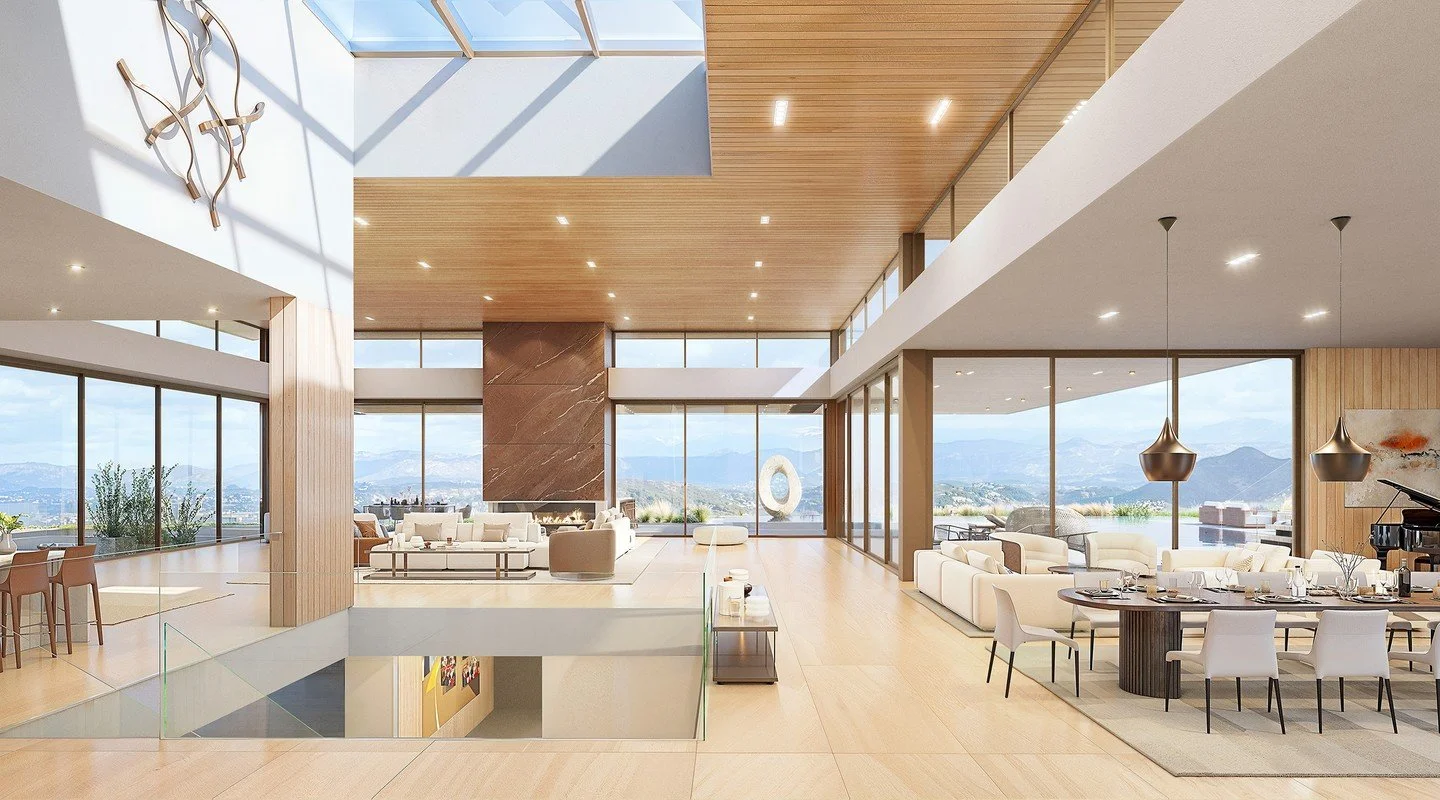 The bright, spacious, open plan interior with glass walls and skylights, at our Pinnacle House in San Diego, California.