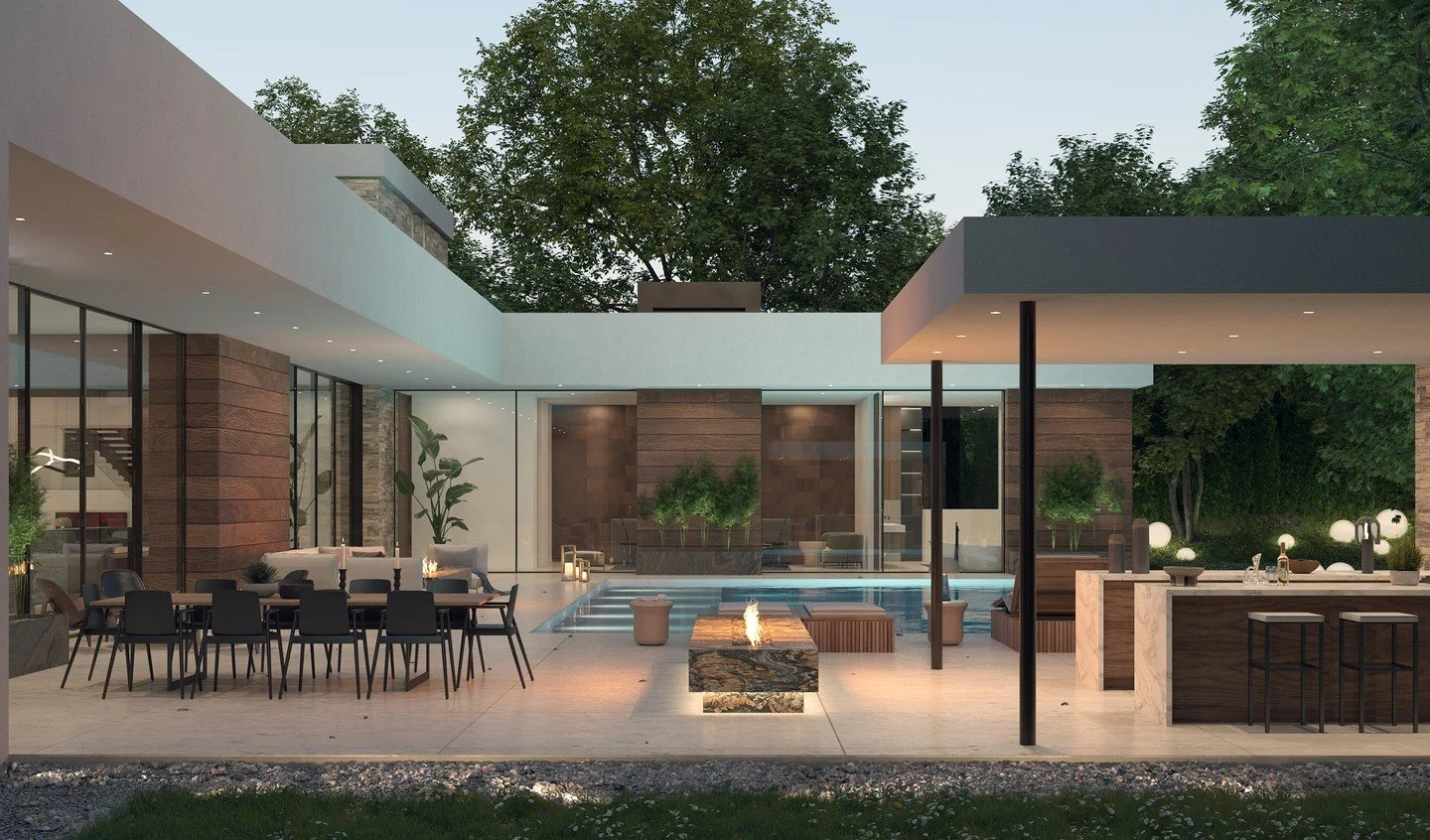 The modern pool terrace with luxury outdoor kitchen and dining at High Valley in Encino, Los Angeles.