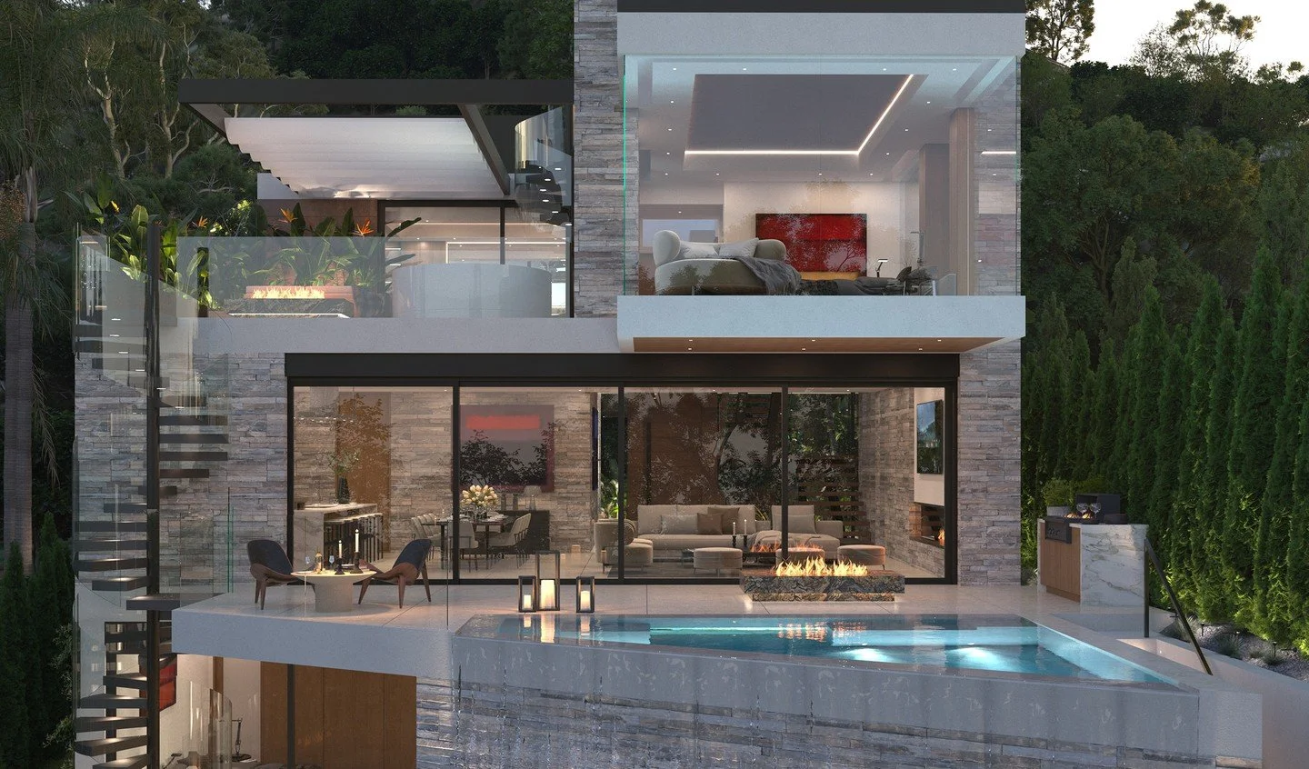 Hedges, modern indoor outdoor living and luxury design in the Hollywood Hills.