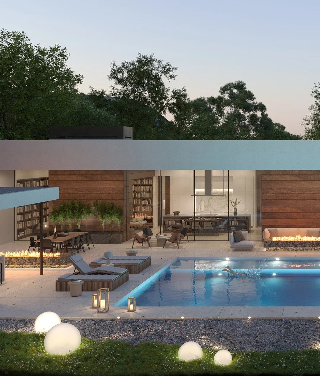 Poolside indoor outdoor living at our High Valley project in Encino, Los Angeles.