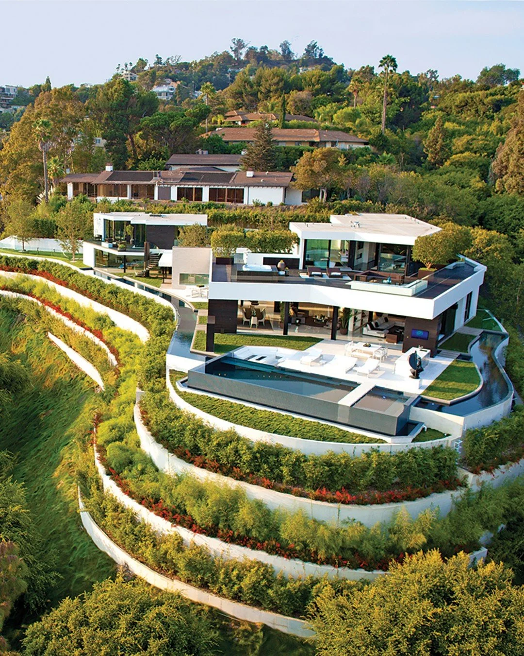 Laurel Way, a luxury Beverly Hills home with tiered design that's integrated into its hilltop setting. Photo by Art Gray Photography.
