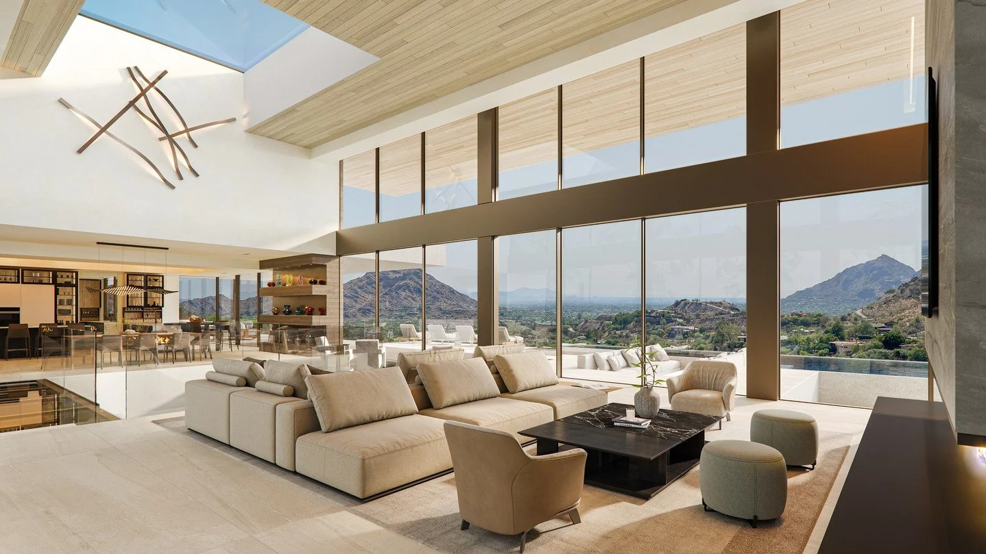 Double height glass walls bring mountain views inside, at our Paradise Valley project in Scottsdale, Arizona.