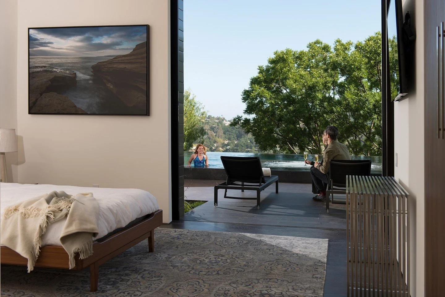 Luxury guest bedrooms that open up directly onto the pool terrace, at our Benedict Canyon 2016 house in Beverly Hills. Photo by @maccollum