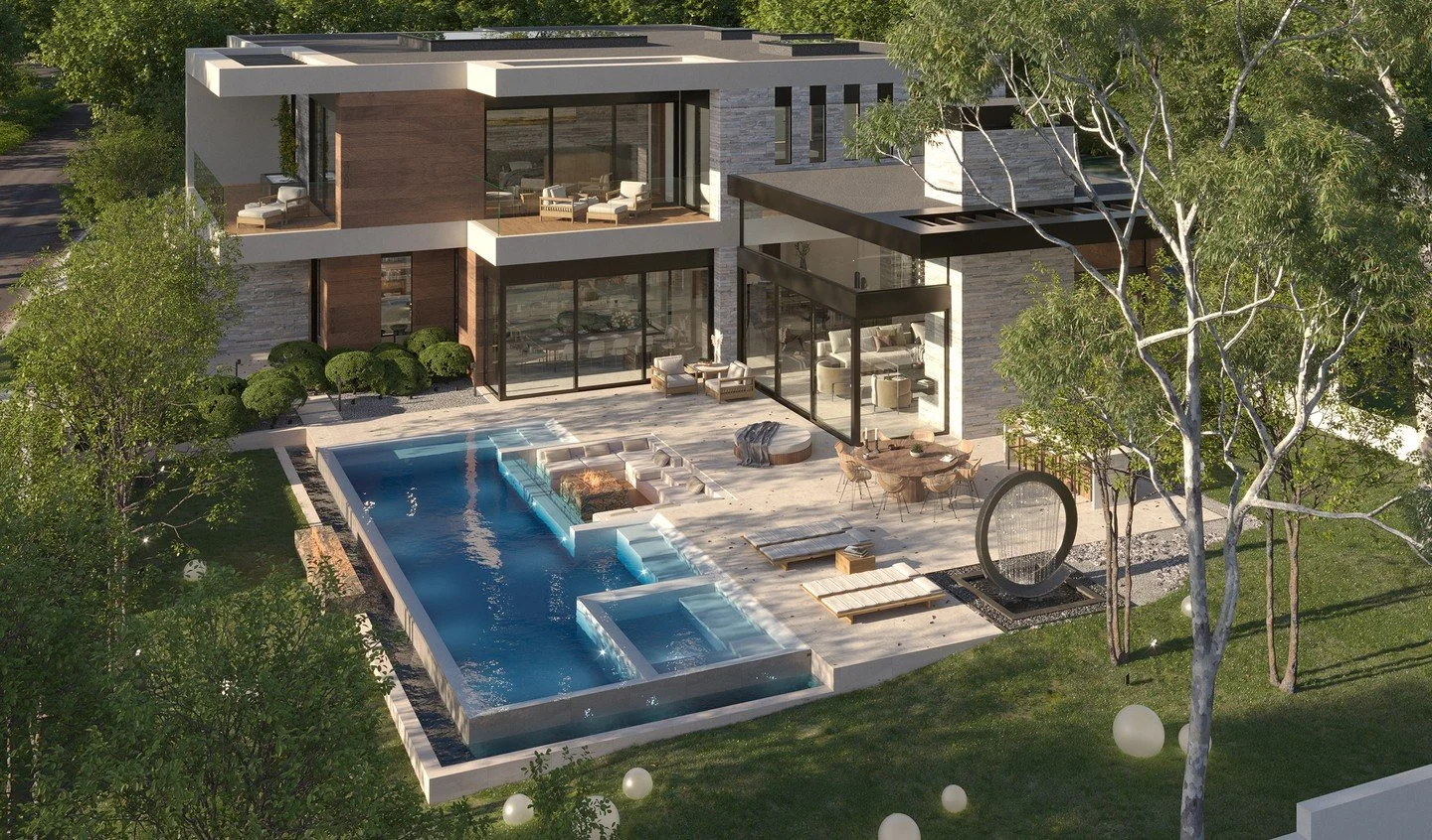 Bonhill, a custom family home in Brentwood, Los Angeles, with warm modern design and backyard pool terrace.