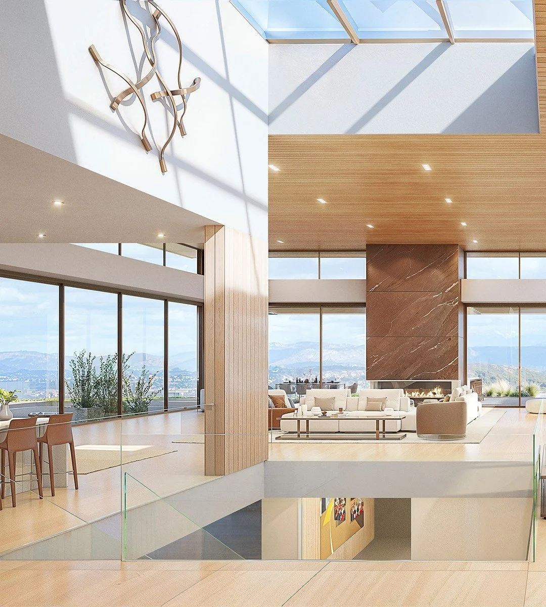 The bright, spacious, open volume interior full of natural light at our Pinnacle House in Rancho Santa Fe, San Diego.