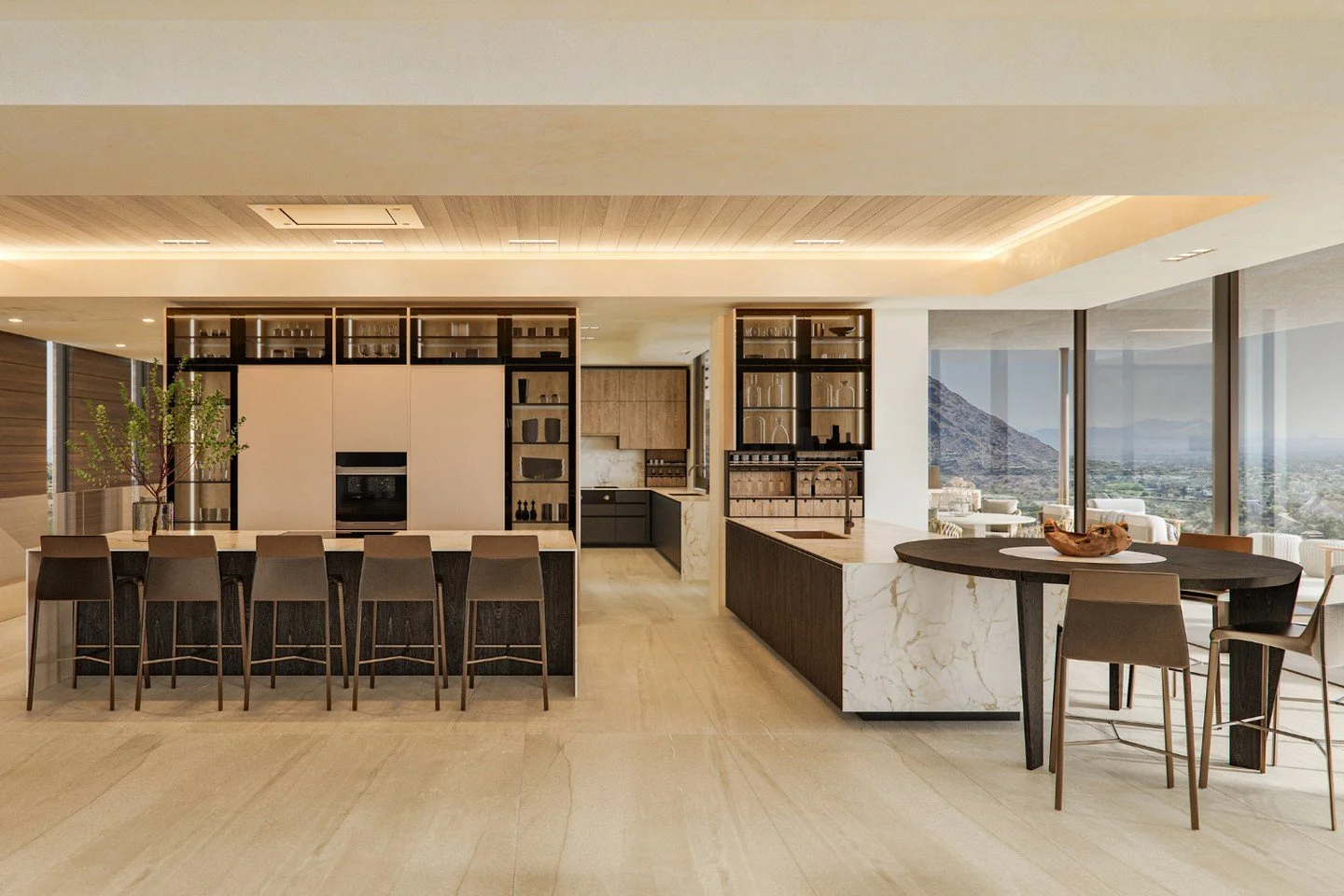 The modern open plan kitchen and dining room at our Paradise Valley Project in Scottsdale, Arizona.