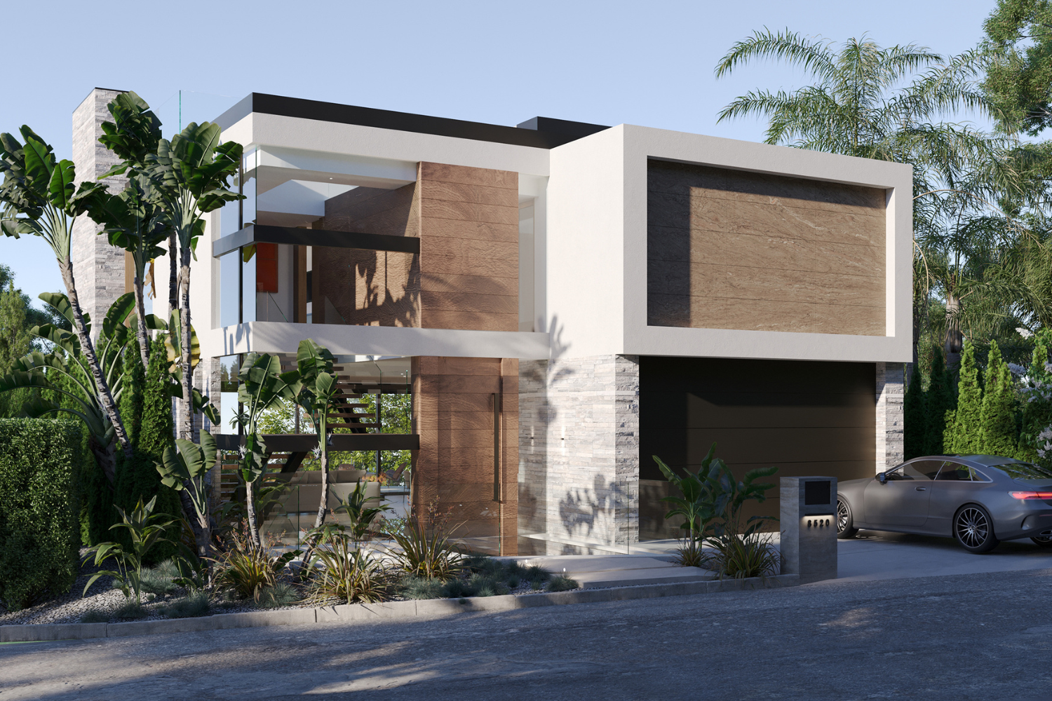 Hedges modern architectural luxury home in the Hollywood Hills exterior design with stacked stone, wood, and glass details