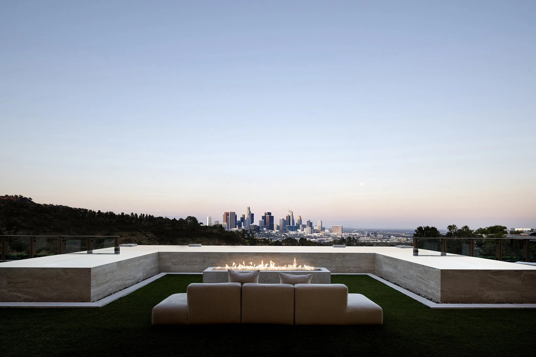 Laurel House Beverly Hills luxury home modern covered swimming pool with fire pit and sweeping LA city views