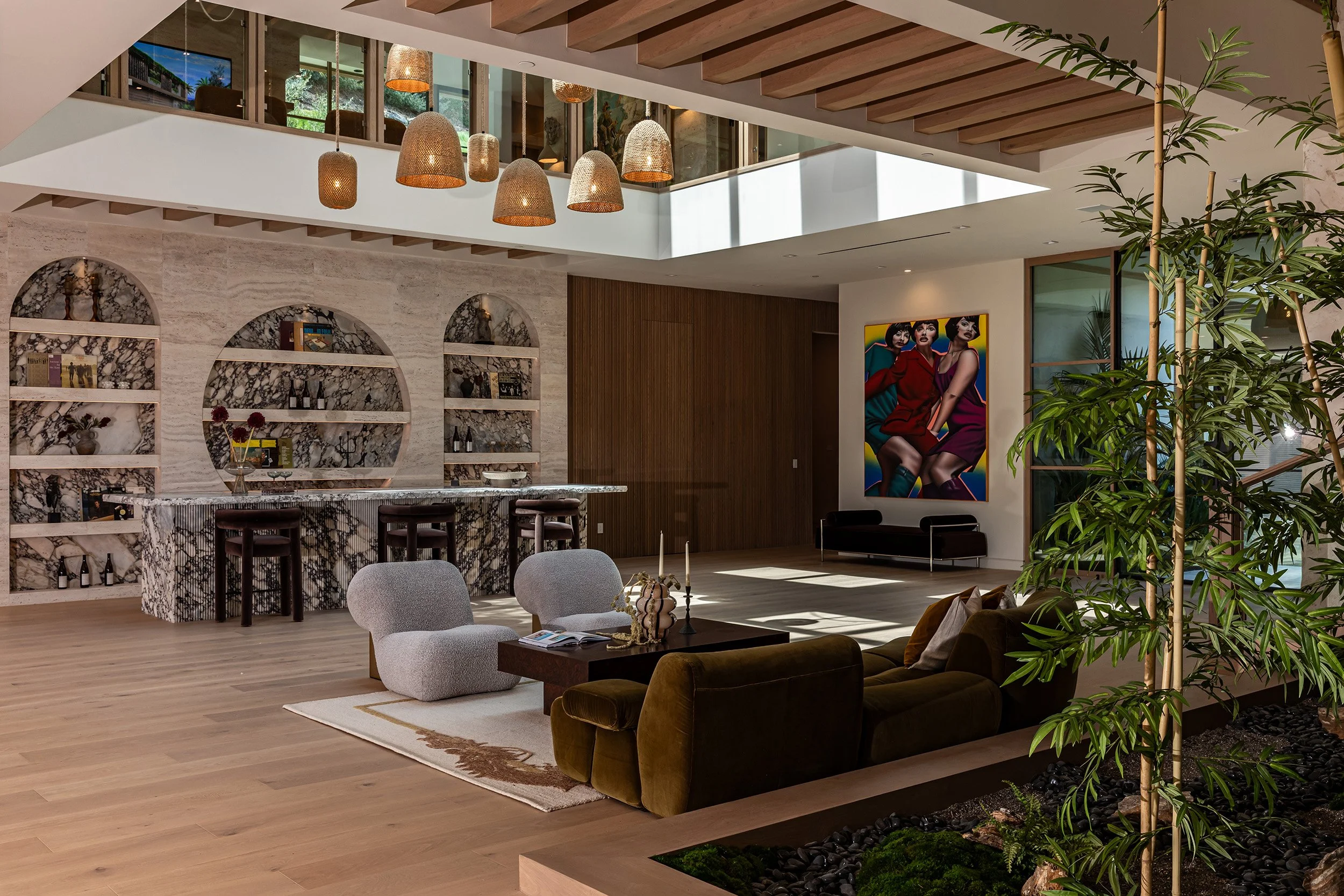 Franklin Canyon Beverly Hills luxury home with modern light filled interior & open volume spaces