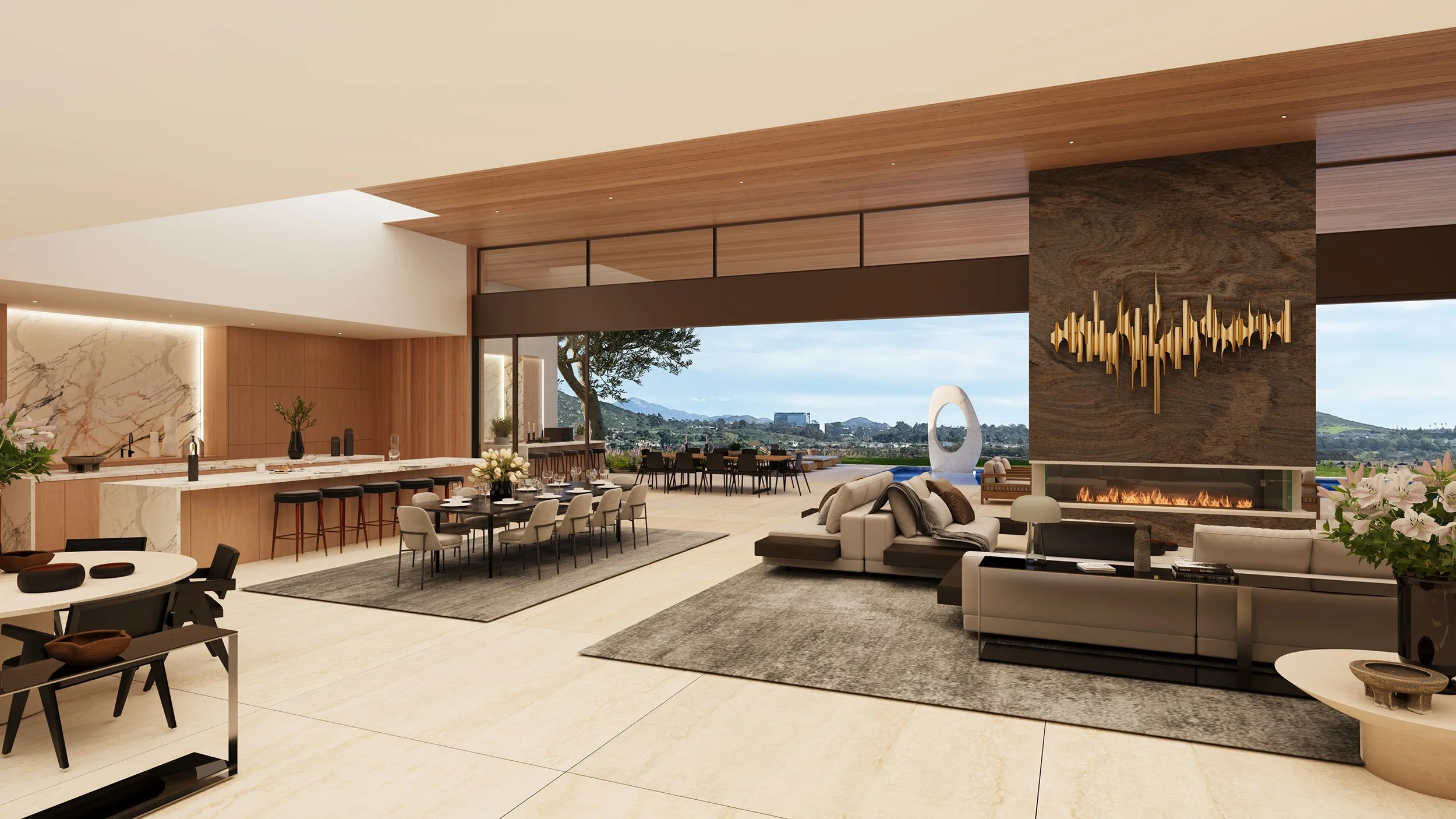 The spacious, open plan, indoor outdoor interior of Rancho Santa Fe, a luxury modern home in San Diego, California.