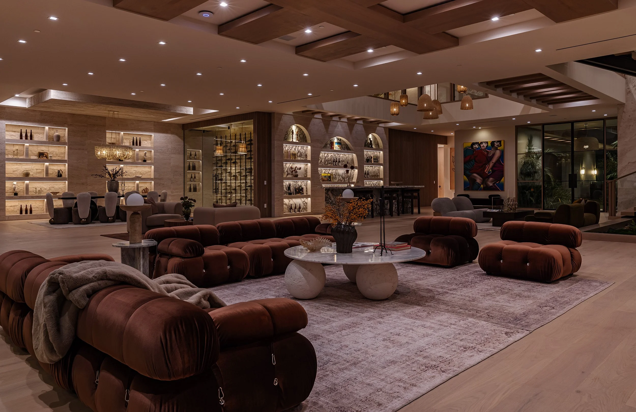Franklin Canyon Beverly Hills luxury home with modern entertaining spaces, including a marble wet bar & open plan living room