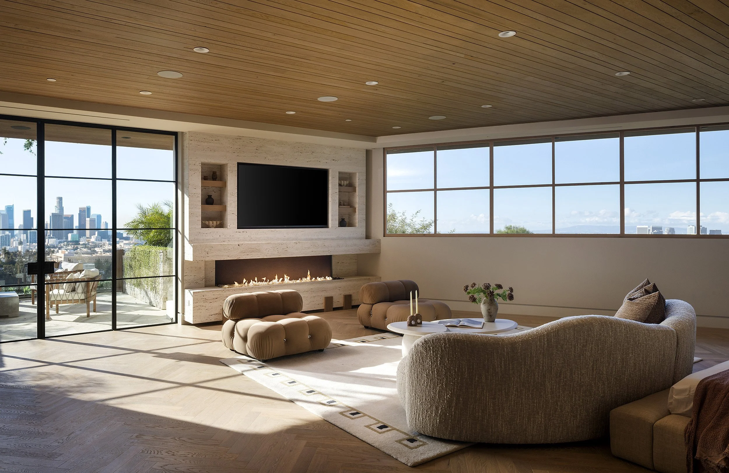 Laurel House Beverly Hills luxury home modern primary bedroom with light filled sitting room & private terrace