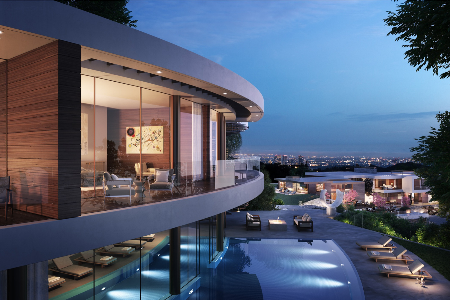 Coldwater Canyon modern resort style mansion with curved glass wall design in Beverly Hills
